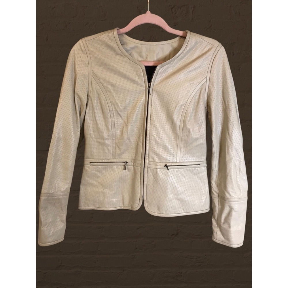 Classiques Womens Jacket Leather XS‎ Cream Cropped Moto Blazer Zip 90's Y2K